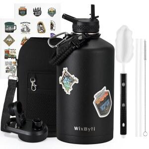 WixByti 1갤런 물병 단열, 48시간 동안 트리플 월 진공 냉각, 누수 방지 및 비-BPA, 128온스 대형 스포츠 스테인리스 스틸 물병, 파라코드 손잡이 빨대 분사 뚜껑 DIY 스티커 포함
