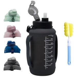 빨대가 달린 LEXilan 64oz 접이식 실리콘 물병, BPA 프리 모티브 타임 마커, 헬스장, 스포츠, 캠핑 및 야외 활동을 위한 손잡이가 누수 방지 물병(블랙)