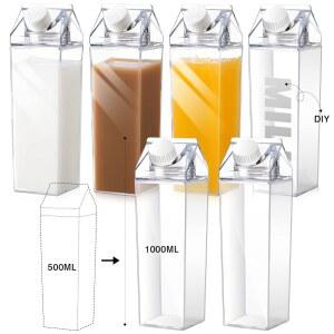 청구 투명 우유 상자 물병 1000ml / 34온스 휴대용 용기 재사용 가능한 귀여운 플라스틱 우유병 주스 티 저그 여행 캠핑 클라이밍 스포츠 야외 활동 음료(6개)
