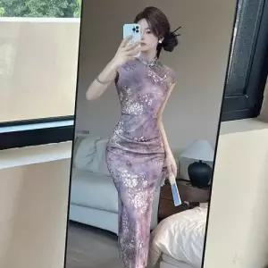 엘럽 원피스 여사친 빈티지 치파오 버클 트임 플라워 프린트 박템1