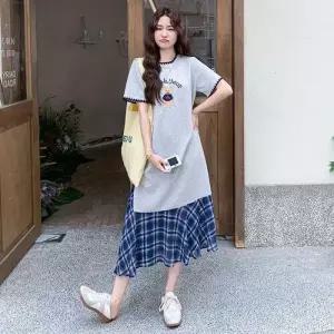 엘럽 원피스 여사친 캐주얼 페이크 프린트 체크 롱스커트 플라워 반팔 박템2