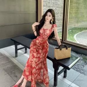 엘럽 원피스 여사친 빨강 여름 바캉스룩 플라워 스퀘어넥 롱스커트 프린트 박템2
