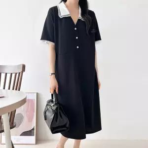 여자 하객룩 레이스 배색 브이 카라넥 반팔 롱원피스