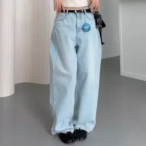 [옷자락]여자 키큰녀 절개 루즈 와이드핏 연청 코튼 청바지