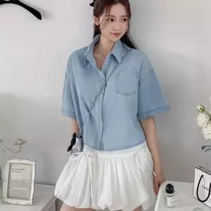 여자 크롭 데님남방 포켓 카라넥 박스핏 여름 반팔 셔츠