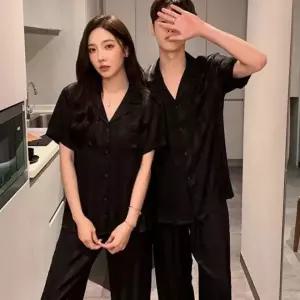 [하프클럽/]실크 스트라이프 반팔 홈웨어 잠옷 커플 데일리