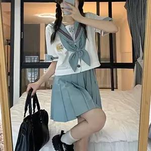 [교복몰]고품질 ToB 세줄라인 소라색 반팔 마린 세라복 교복세트 학생복 세라복코스프레 세라복대여 WFM29