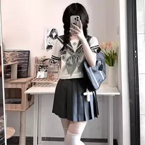[교복몰]고품질 ToB 화이트라인 딥그레이 세라복 프레피룩 반팔 교복세트 교복 세라복 세상월드교복대여 W