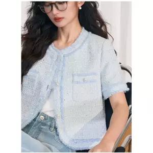 여친 여름 빈티지 코트 샤오샹 사랑스러운 트위드 반팔 핸드메이드 기모 프렌치 블루 OOTD2