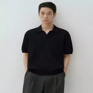무신사 스탠다드 워셔블 수피마 코튼 슬릿 넥 니티드 폴로 셔츠 블랙 4082698