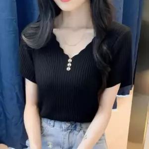 [라일리여성의류] Rly 여성 브이넥 프릴 반팔 골지 니트 슬림핏 단추