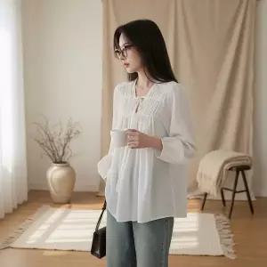 [하프클럽/옷자락]여성 데일리 브이넥 셔링 블라우스 루즈핏