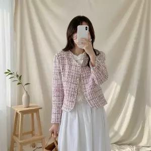 [하프클럽/옷자락]여성 벚꽃 트위드 자켓 봄 하객용 분홍색 진주 버튼