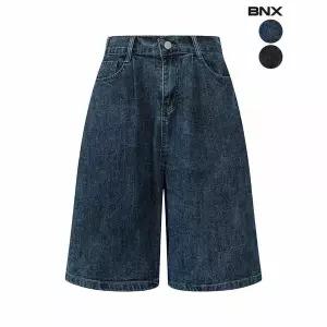 [하프클럽/BNX]여성 뒷밴딩 원턱 데님 버뮤다 팬츠