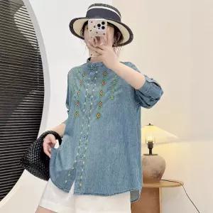 데님 여사친 가을 무지데님 셔츠 블라우스 퀼팅 자수 긴팔 차이나 톱 ST3