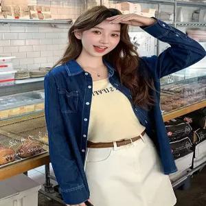 빈티지 여친 청 무지데님 셔츠 블라우스 봄가을 레이어드 홍콩풍 긴팔 상의 ST3