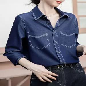 빈티지 여친 청 무지데님 셔츠 블라우스 봄가을 레이어드 홍콩풍 긴팔 상의 ST3