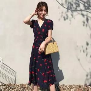 [하프클럽/]여성용 캐주얼 체리 프린트 브이넥 롱 드레스 프릴 디테일 원피