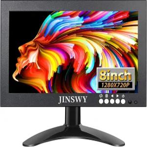 JINSWY 8인치 미니 모니터 휴대용 1280x720 메탈 스크린 HDMI/VGA/AV/BNC 입력 내장 스피커 및 리모컨 CCTV