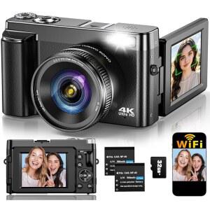 사진 자동 초점을 위한 4K 디지털 카메라, 3인치 180 플립 스크린, 16배 줌, 32GB 카드로 초보자를 컴팩트 여행용 배터리 2개, 블랙으로 업그레이드된 64MP WiFi 브이로그 카메라