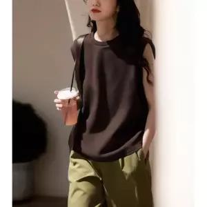 볼사스 여름 캐주얼 여친 라운드 솔리드 조끼 상의 민소매 슬림핏 나시 ADOR2