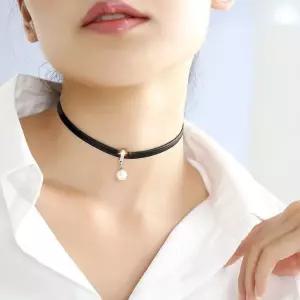 모던 길이조절 목걸이 펜던트 가죽 진주 지르코니아 초커 실버