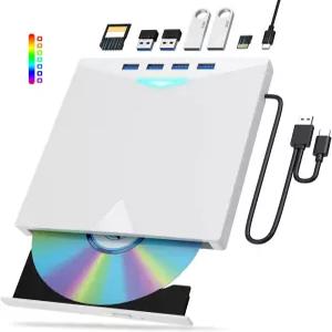노트북 PC용 외장 CD/DVD 드라이브 8인치 1개 LED 휴대용 버너 CD-ROM DVD/+RW 라이터 리더 TF/SD 카드
