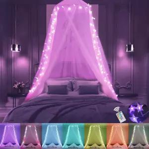 여자 들을 위한 오브레시스 핑크 침대 캐노피 조명이 있는 침실 장식 프린세스 커튼 00 LED 스타 요정
