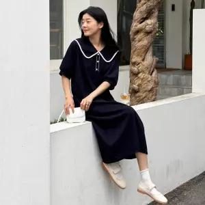 세일러 카라 퍼프 반팔 롱 원피스 스판 H라인 여성 빅사이즈