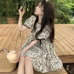 귀여운 여성 플라워 패턴 미니 원피스 URK-359셔링 여름 반팔 소매리본 꽃무늬 주름