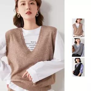 키밍 여성 베이직 보이넥 니트 조끼 베스트 캐주얼 V넥 솔리드 뜨개질 학생 루즈핏 여자