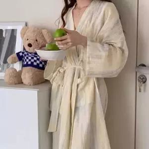 내추럴 스트라이프 롱 잠옷 가운 홈웨어 원피스 파자마 목욕 웨어 실내복 하트프린팅 러블리 페미닌 캐주얼