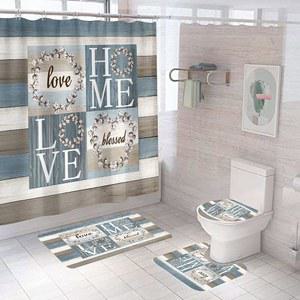 4PCS 러스틱 플로럴 플라워 스위트 러브 홈 패브릭 샤워 커튼 세트, 미끄럼 방지 러그, 변기 뚜껑 커버 및 목욕 매트 농가용 빈티지 우드 플랭크 면 욕실 장식 방수 72x72