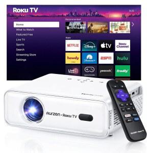 Wi-Fi 및 블루투스가 포함된 Aurzen Roku TV 스마트 , 스트리밍 경험 내장, 1080P FHD, DoIby 오디오, 자동 초점 키스톤, Zoom, 영화 휴대용 야외 미니 흰색