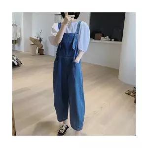 EAMT 여자 점프슈트 데님 멜빵바지 루즈핏 하이웨스트 9부 와이드팬츠 카고 EUNG1