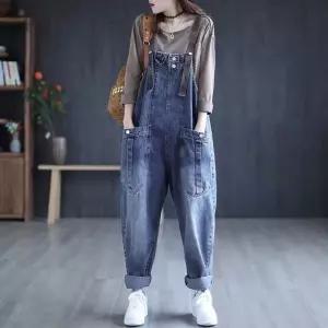 EAMT 여자 점프슈트 데님 멜빵바지 봄가을 빅사이즈 빈티지 와이드 배기 캐주얼 청바지 EUNG3