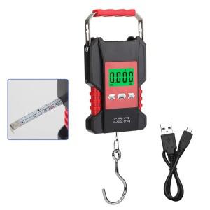 새로운 디지털 교수형 후크 저울 50kg LCD USB 충전식 가중치 수하물 규모 방수 전자 1.5M 테이프 내장