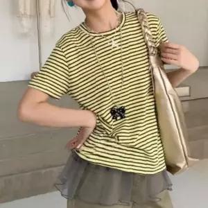 여자 반소매 티 보더 스트라이프 라운드넥 루즈 박시 여름 캐주얼 데일리 상의