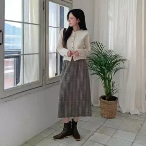 [옷자락]여성 체크 디자인 뒷밴드 일자 롱 스커트 치마