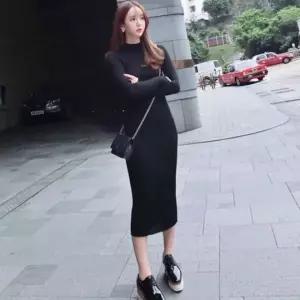 [하프클럽/]가을용 여성 슬림핏 반목 니트 골지 롱 원피스