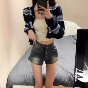여성용 바지 빈티지 여름 청 사랑스러운 하이웨스트 A라인 슬림핏 청반바지 핫팬츠 일자 OOTD2