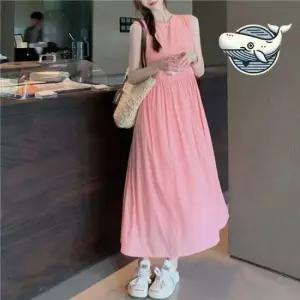 홀복 여름 캐주얼 롱원피스 뒷리본 루즈핏 민소매 핑크 컬러 원피스