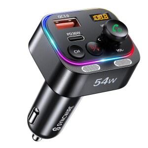 [미국배송] SYNCWIRE BLUETOOTH 5.4 FM 송신기 자동차 어댑터 54W (PD 36W 및 18W) [강력한 듀얼 마이크] [라이트 스위치] [하이파이 베이스 사운드] [빠른 충전] 무선 라디오 수신기 핸즈프리 통화 LED 디스플레이