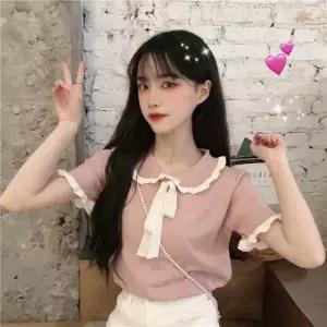 반발티 리본 레이스 카라 여자프린트티