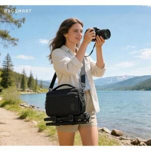 사진작가용 소형 카메라 슬링백 DSLR SLR 미러리스 카메라용 컴팩트 숄더백 삼각대 홀더가 있는 방수 크로스바디 케이스 블랙
