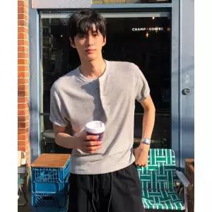 THEY [헨리넥, 라운드] 세미 크롭 니트 반팔 티셔츠 (2 STLYE)