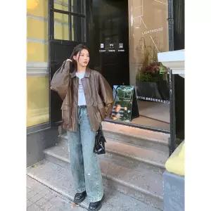EAMT 브라운 빈티지 가을 가죽 인조 여항풍 여성자켓 코트 자켓 라이더 루즈핏 YJ3