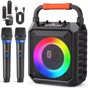무선 마이크 2개가 장착된 노래방 기계 및 성인을 위한 LED 조명이 휴대용 스피커 Bluetooth/USB/TF/AUX