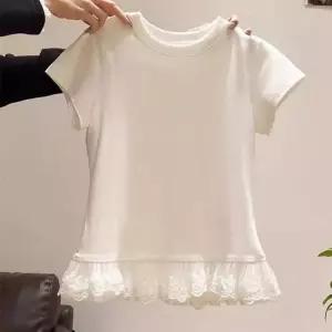 레이스 프릴 밑단 반팔티 여성 데일리 꾸안꾸룩