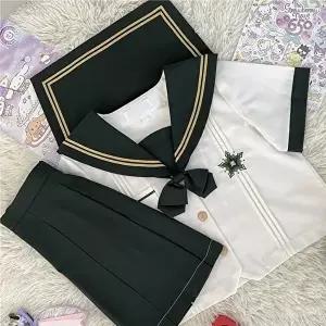 [교복몰]고품질 TBZ 옐로우 두줄라인 다크그린 마린 세라복 프레피룩 반팔 일본교복대여 교복 세라복대여